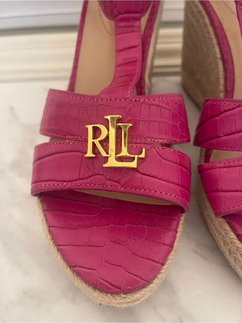 Ralph Lauren Hot Pink Croc-Embossed Espadrille Wedge Sandals with Gold RL Logo